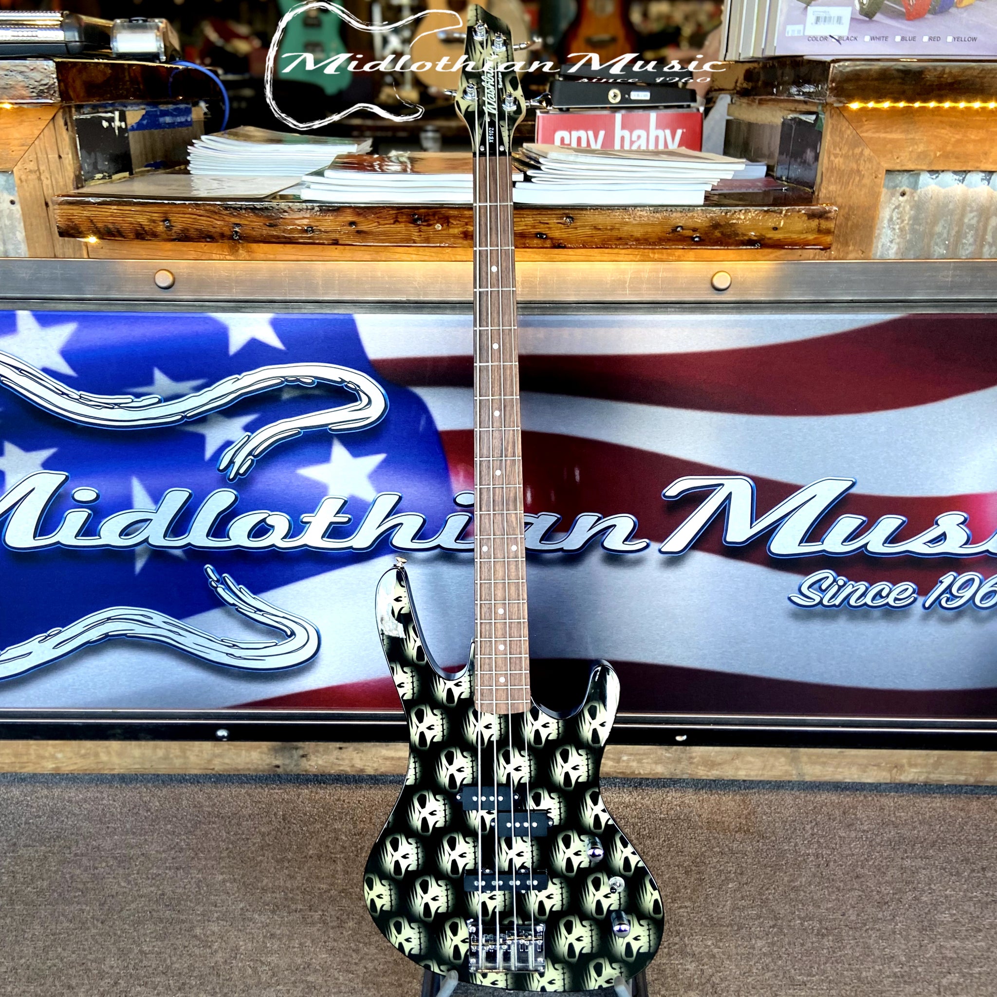 Washburn XB102 - 4-String PJ Bass Guitar - Bantam Series - Black w/Skulls USED