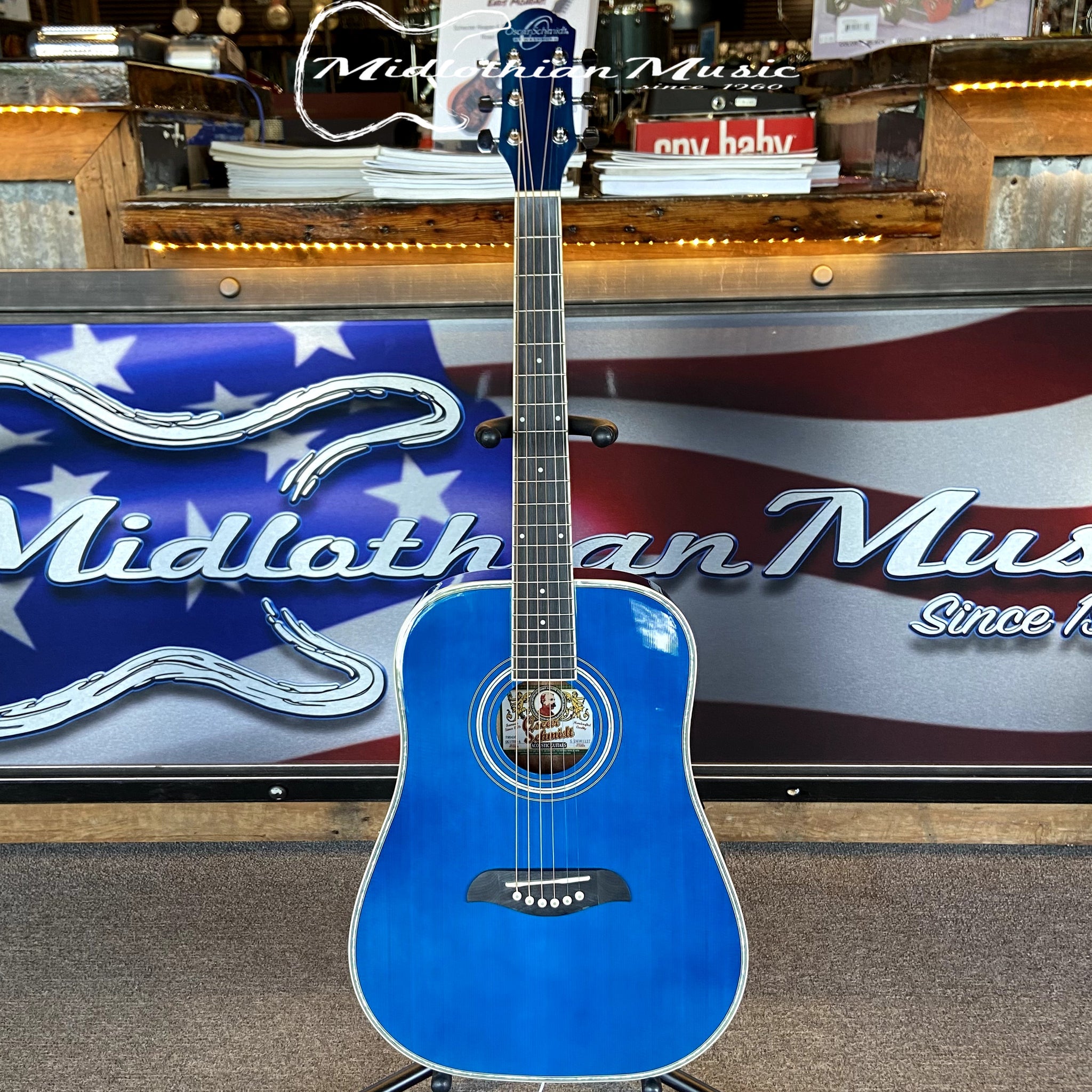 Oscar Schmidt - OG1TBL-A 3/4 Size - Dreadnought Acoustic Guitar - Transparent Blue Gloss Finish