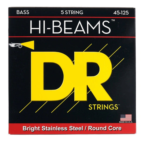 DR Strings - MR5-45 - 5-String Bass - Hi-Beam Stainless Steel Bass Guitar Strings - .045-.125 Medium (1 Pack)