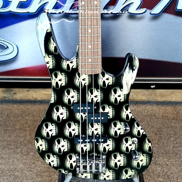 Washburn XB102 - 4-String PJ Bass Guitar - Bantam Series - Black w/Skulls USED