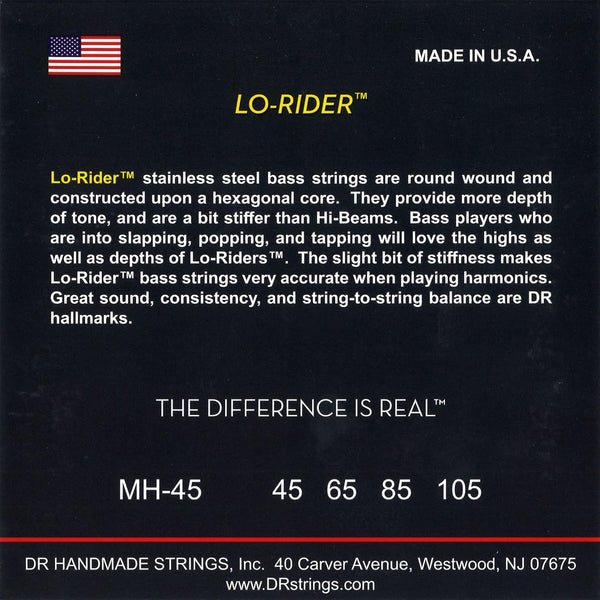 DR Strings - Lo-Rider - Stainless Steel Hex Core Bass Guitar Strings 45-105 (1 Pack) (MH-45)