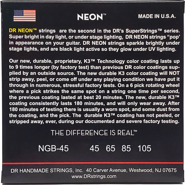 DR Strings - NGB-45 - Hi-Def Neon Green K3 Coated Bass Guitar Strings - .045-.105 Medium (1 Pack)